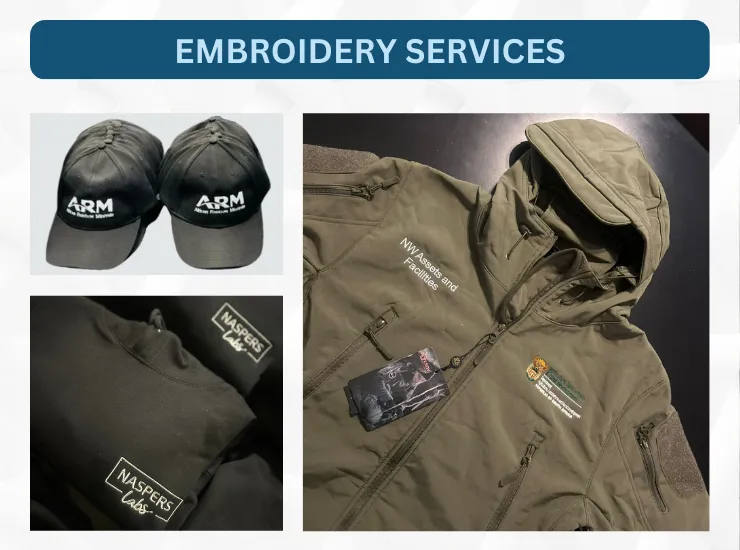 Embroidered items — two caps stitched with the ARM logo, and khaki jackets embroidered for Naspers Labs and NW Health and Facilities.