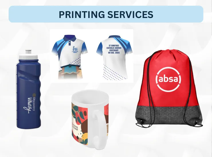 Printed items made by Prolific Enterprises — a navy Discovery Vitality water bottle, branded golf shirts, a printed mug and a red Absa drawstring bag.