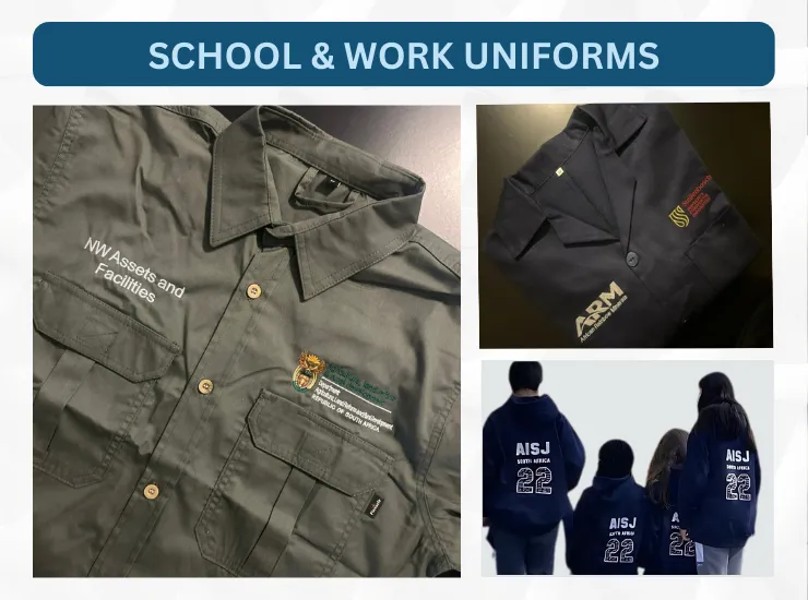 School and work uniforms, including tracksuits and branded golf shirts.